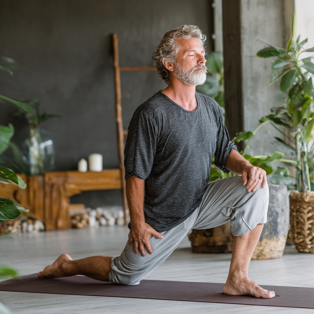 Older adult man practicing gentle yoga stretch in calm environment with natural elements